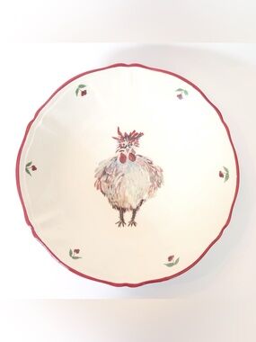 Jacques Pepin Sur La Table Rooster Chicken 13” Serving Bowl Italy Red Rim